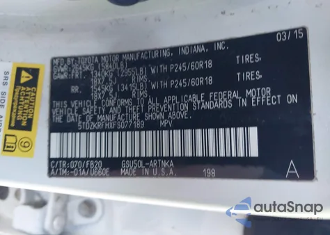 2015 Toyota Highlander Le V6 z USA, uszkodzony, nr VIN 5TDZKRFHXFS077189